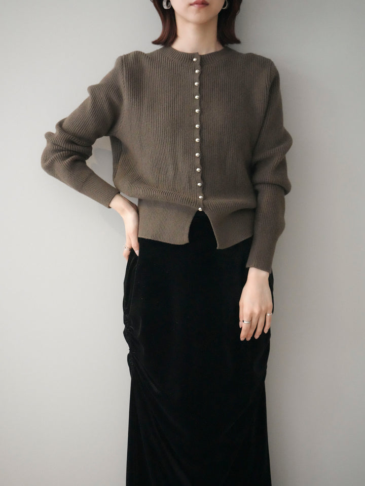 [SET]シルバーボタン畦編みニットカーディガン+ギャザーベロアスカート(2set)