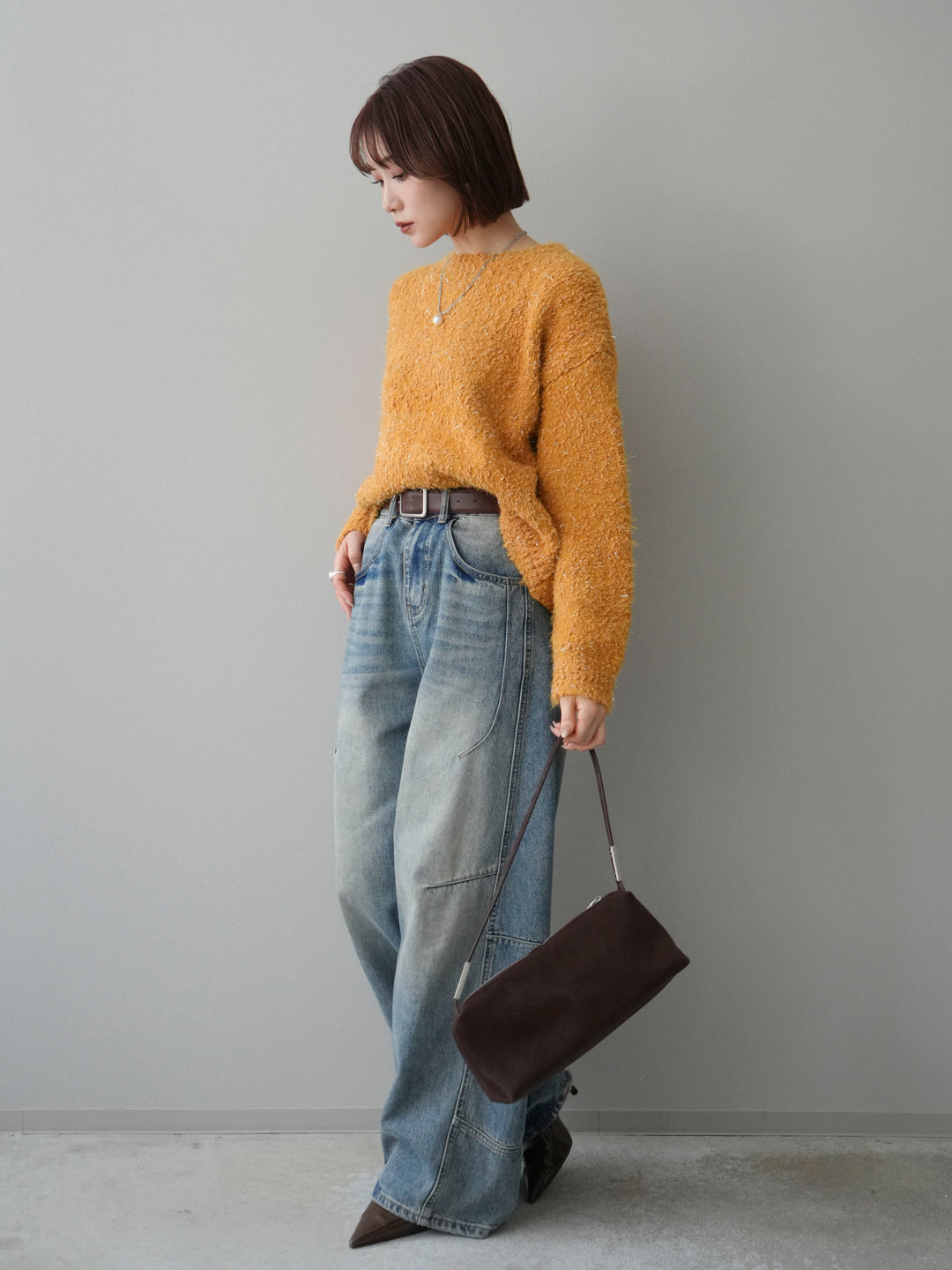 [SET]モールラメミックスヤーンニットプルオーバー+ベルト付カーブデニムパンツ(2set)