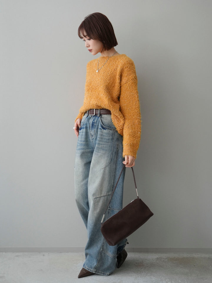[SET]モールラメミックスヤーンニットプルオーバー+ベルト付カーブデニムパンツ(2set)