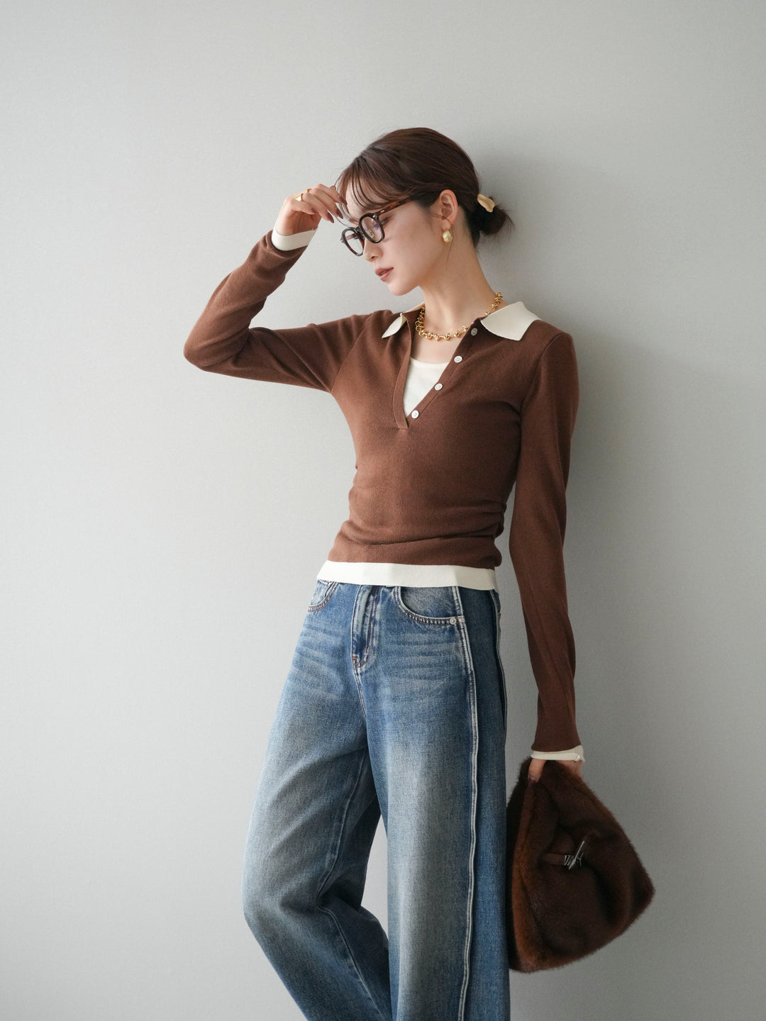 [予約]レイヤード配色ポロニットトップス/brown