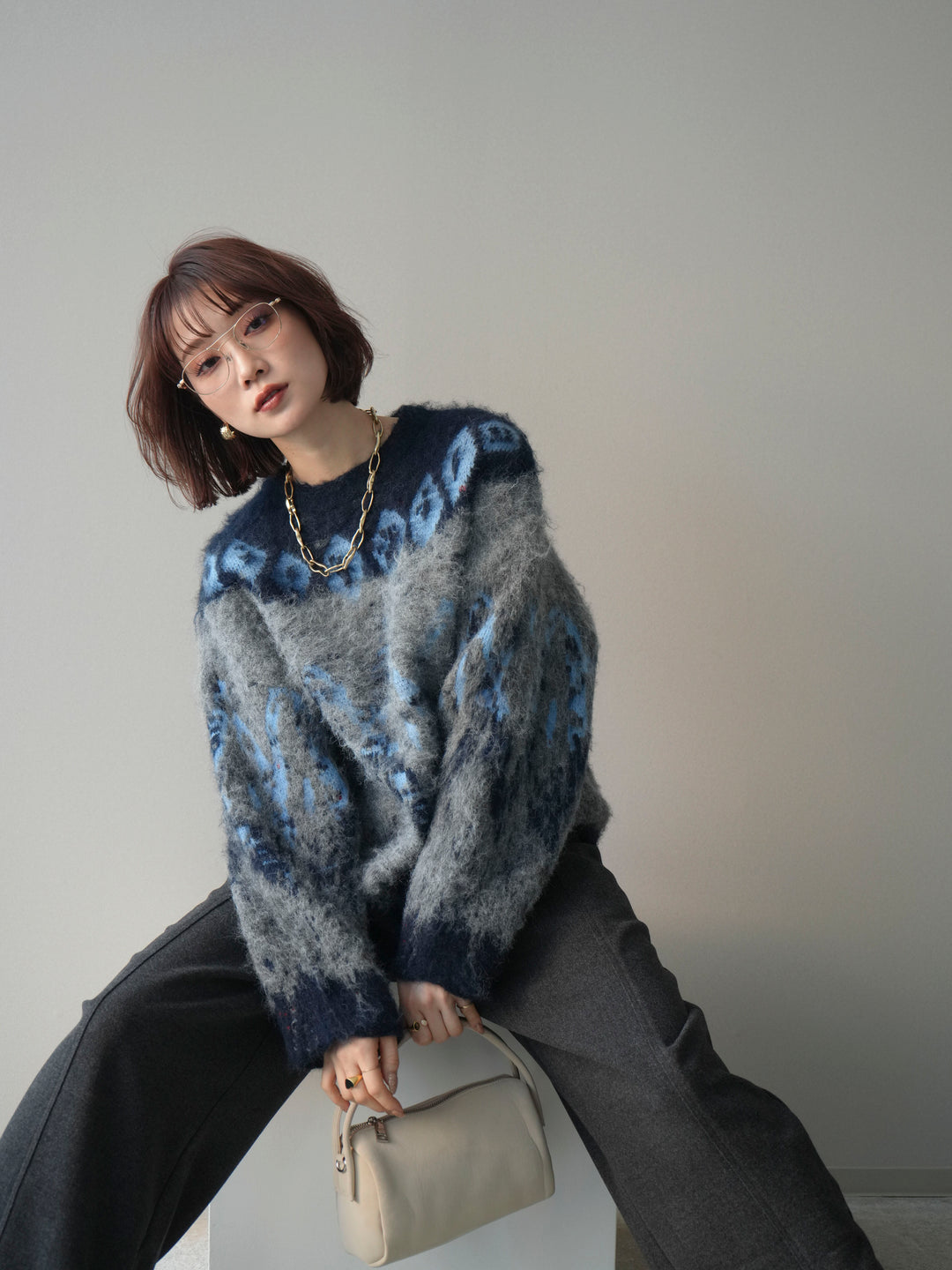 [予約]シャギーニュアンス柄ニットプルオーバー/gray