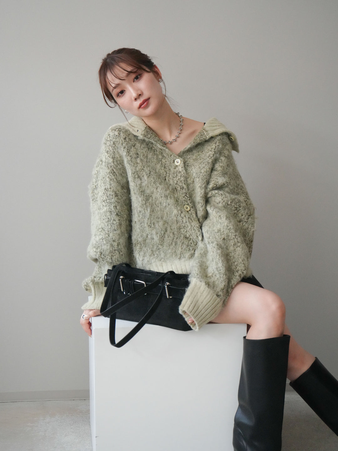 [予約]リブ切替メランジニットカーディガン/green