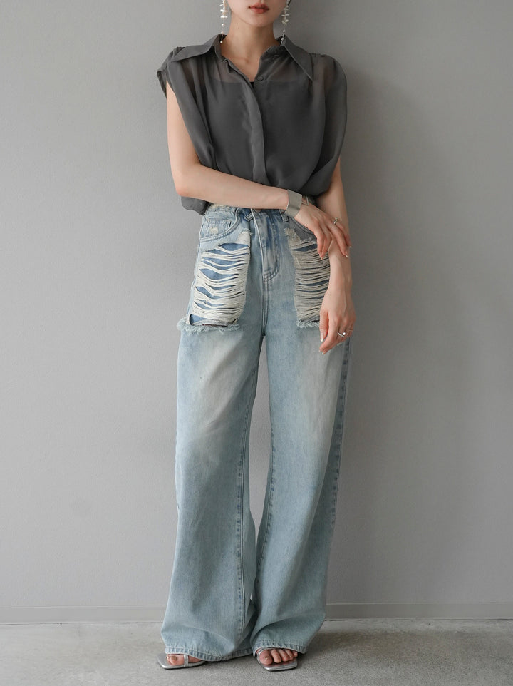 [Pre-order] Sheer No-Sleeve Flare Shirt/Gray