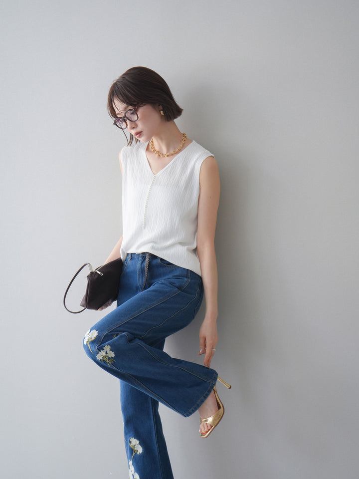 [SET]パールデザインVネックニットトップス+フラワー刺繍ストレートデニム(2set)