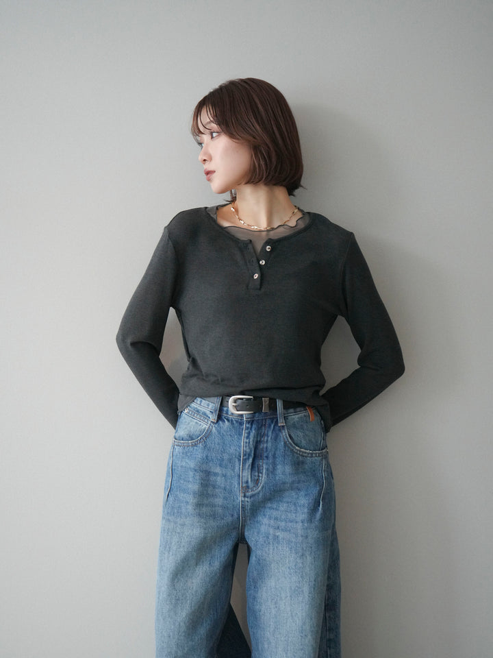 [予約]チュールレイヤードヘンリーネックカットソー/charcoal