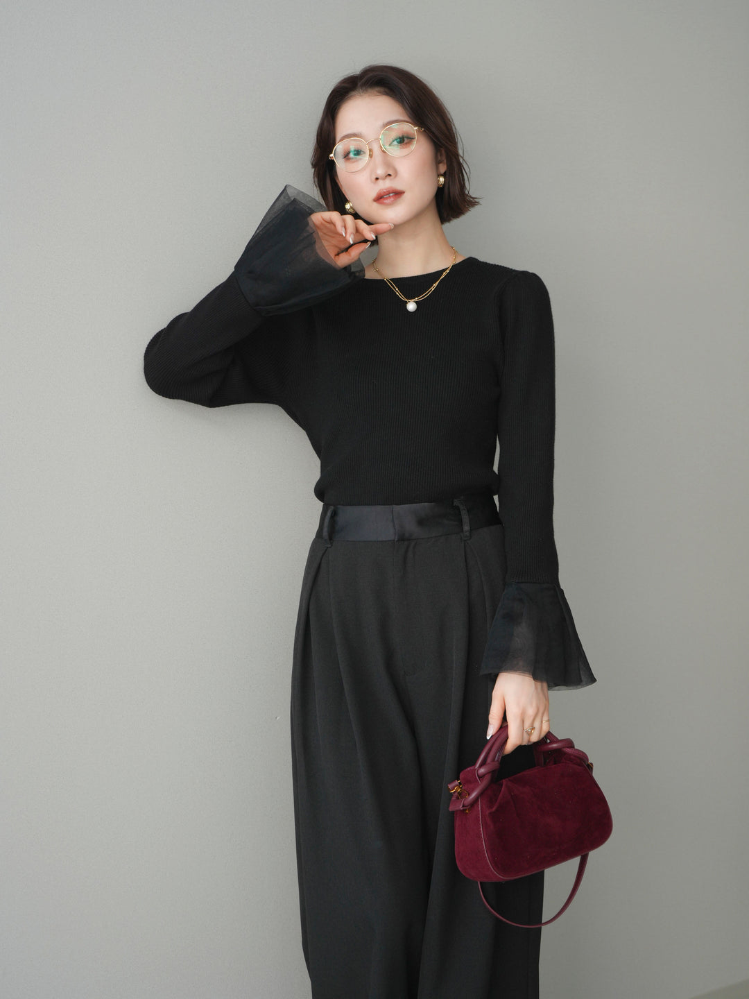 [SET]袖チュールパワショルリブニットトップス+袖チュールパワショルリブニットトップス(2set)