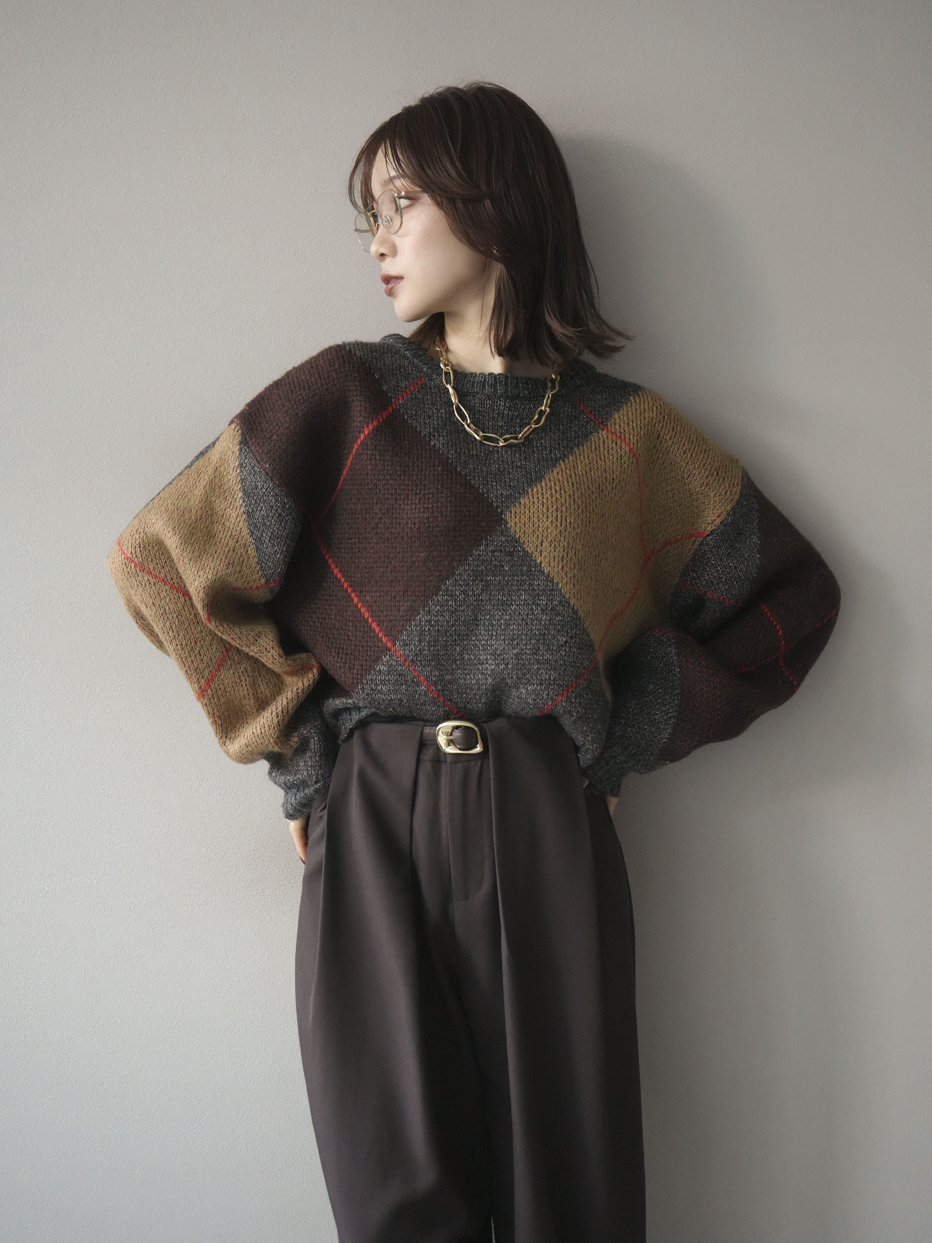 SET]配色ステッチアーガイル柄ニットプルオーバー+配色ステッチ