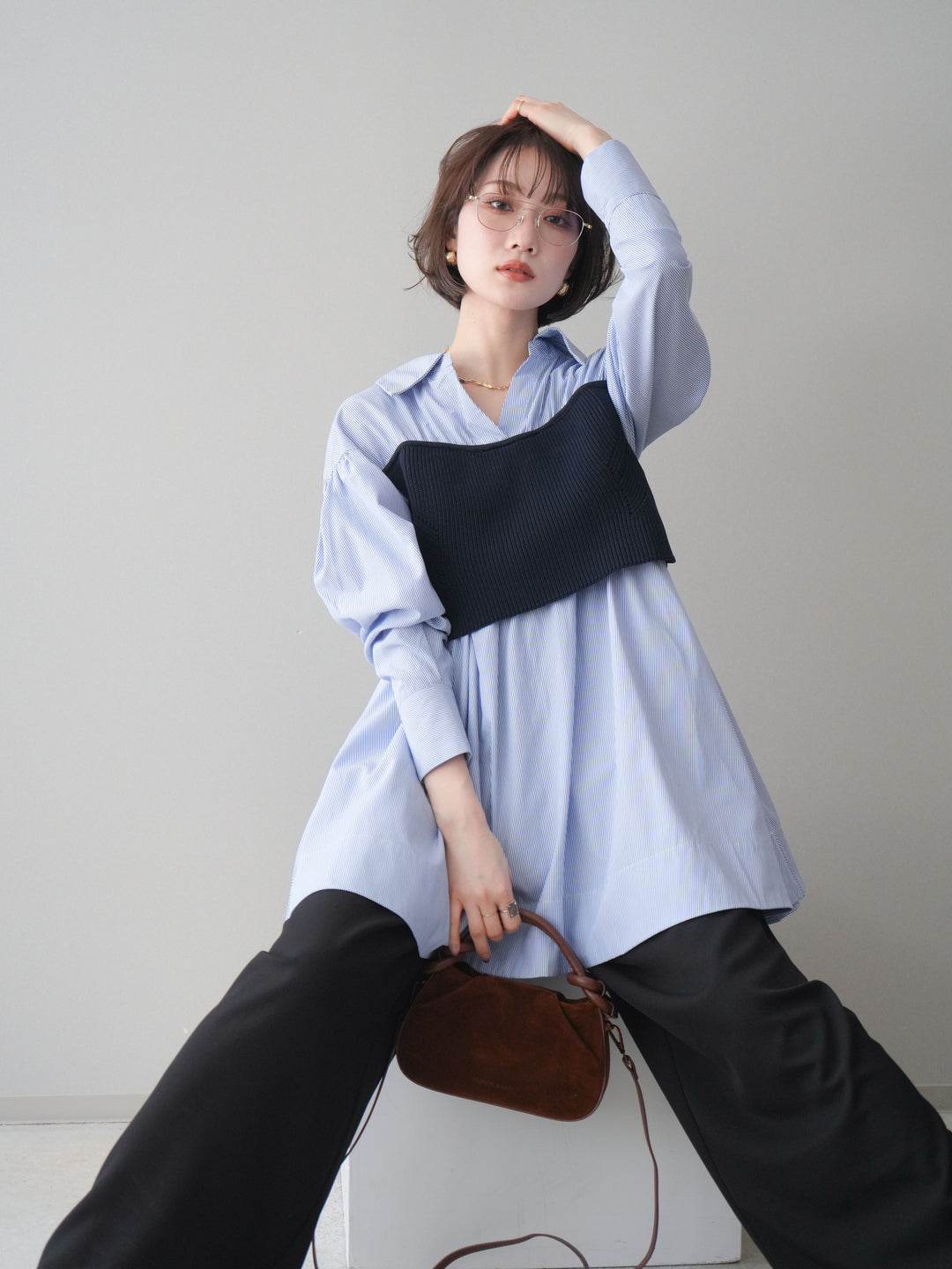 [予約]ニットビスチェドッキングフレアシャツチュニック/stripe