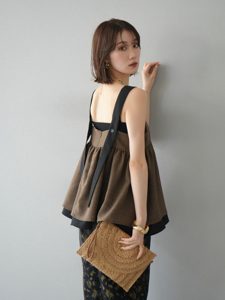 [SET]リネンライク配色フレアタンクトップ+ブーケプリントタックパンツ(2set)