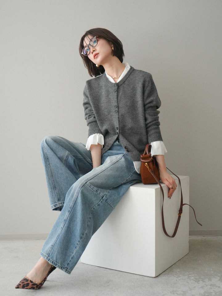 [SET]布帛ドッキングニットカーディガン+ガーメントウォッシュカーブデニムパンツ(2set)