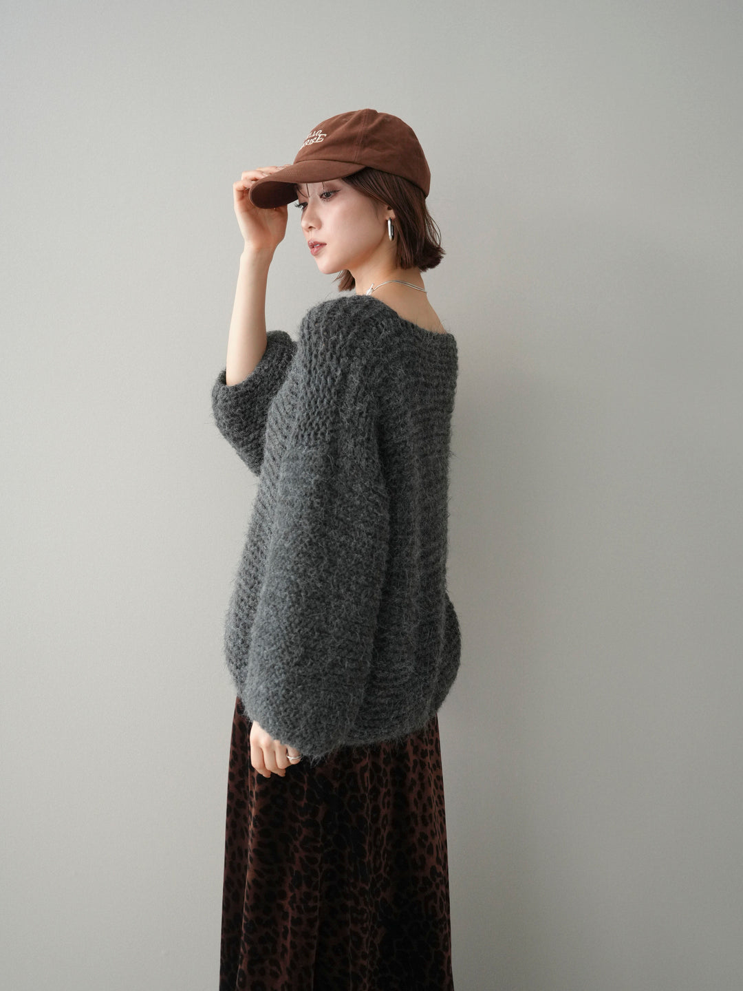 [予約]ワッフル編みシャギーニットプルオーバー/gray