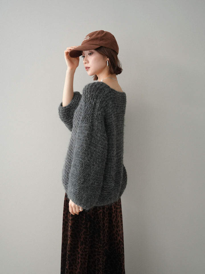[予約]ワッフル編みシャギーニットプルオーバー/gray