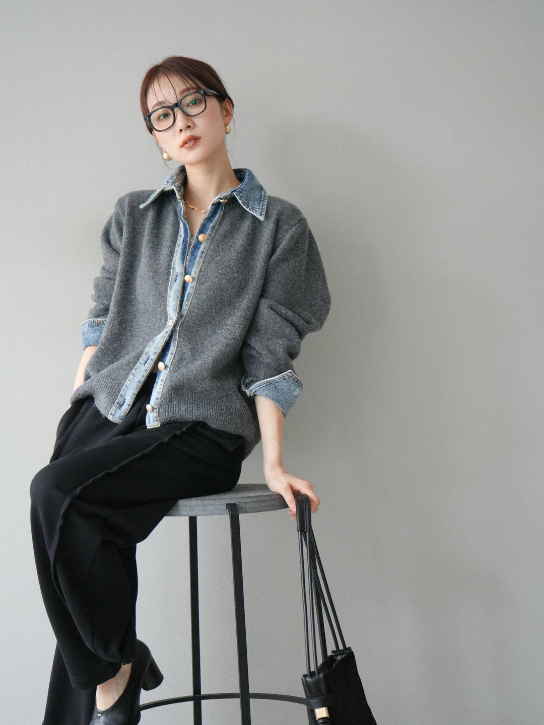 [SET]デニム襟ボタンニットカーディガン+2WAYデザインスウェットパンツ(2set)