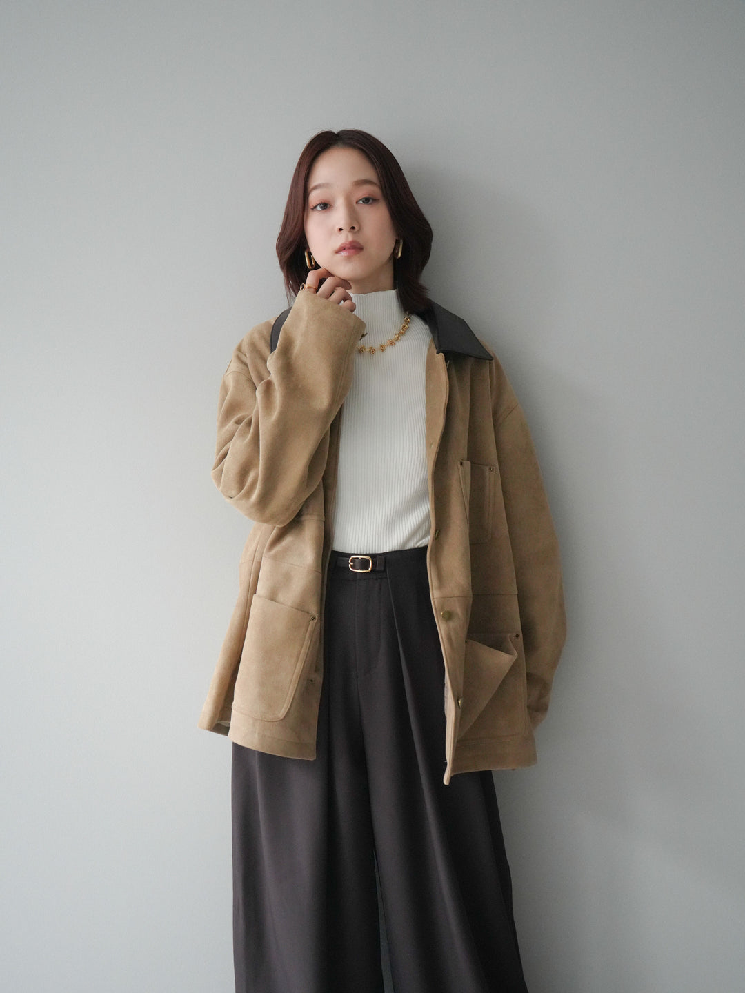 [SET]襟レザーステンカラースエードジャケット+袖ボタンボトルネックリブニットトップス+ベルトループデザインワイドパンツ(3set)