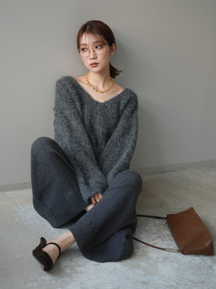 [予約]ウールタッチラメミックスヤーンVネックニットプルオーバー/charcoal