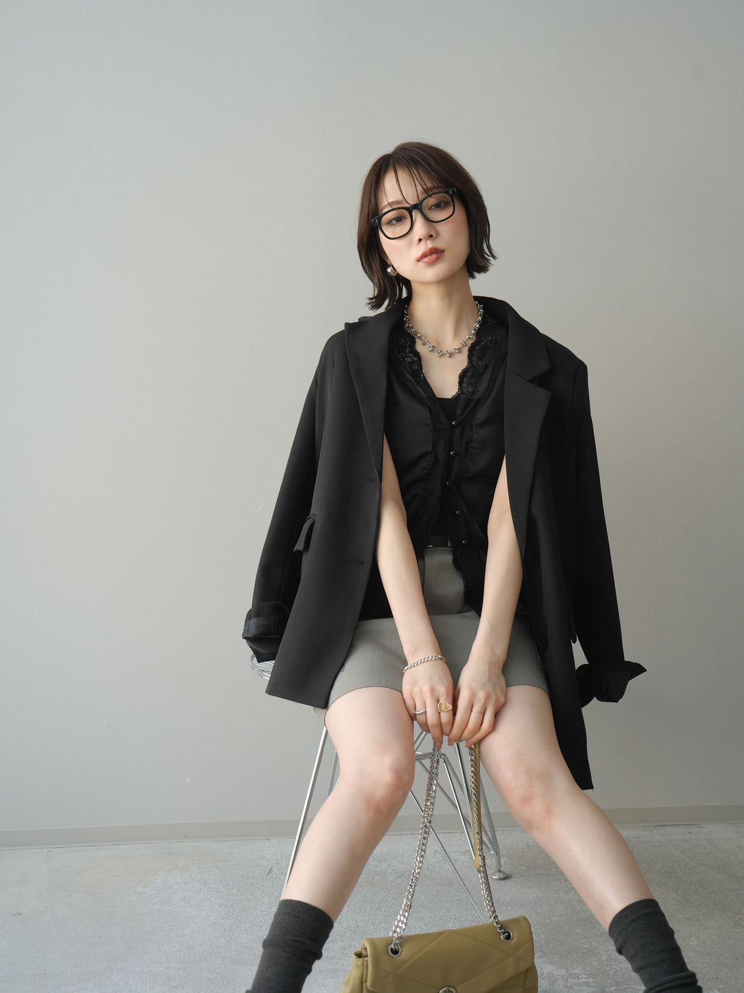 [SET]バックスリットデザインジャケット+ベルト付カーゴミニスカート(2set)