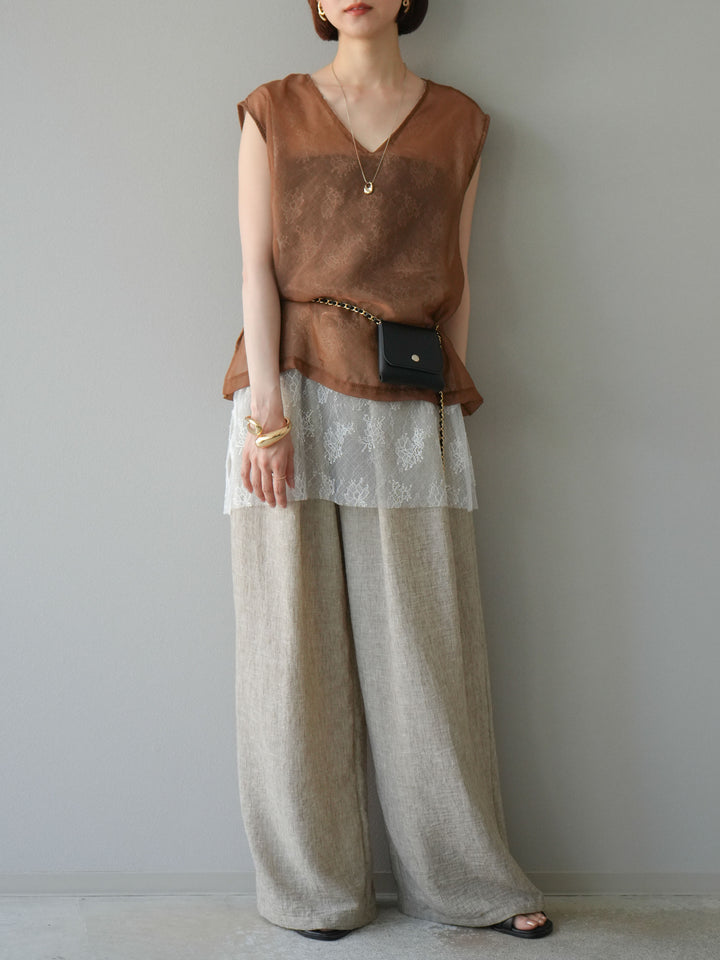 [予約]レースレイヤードオーガンジートップス/ブラウン