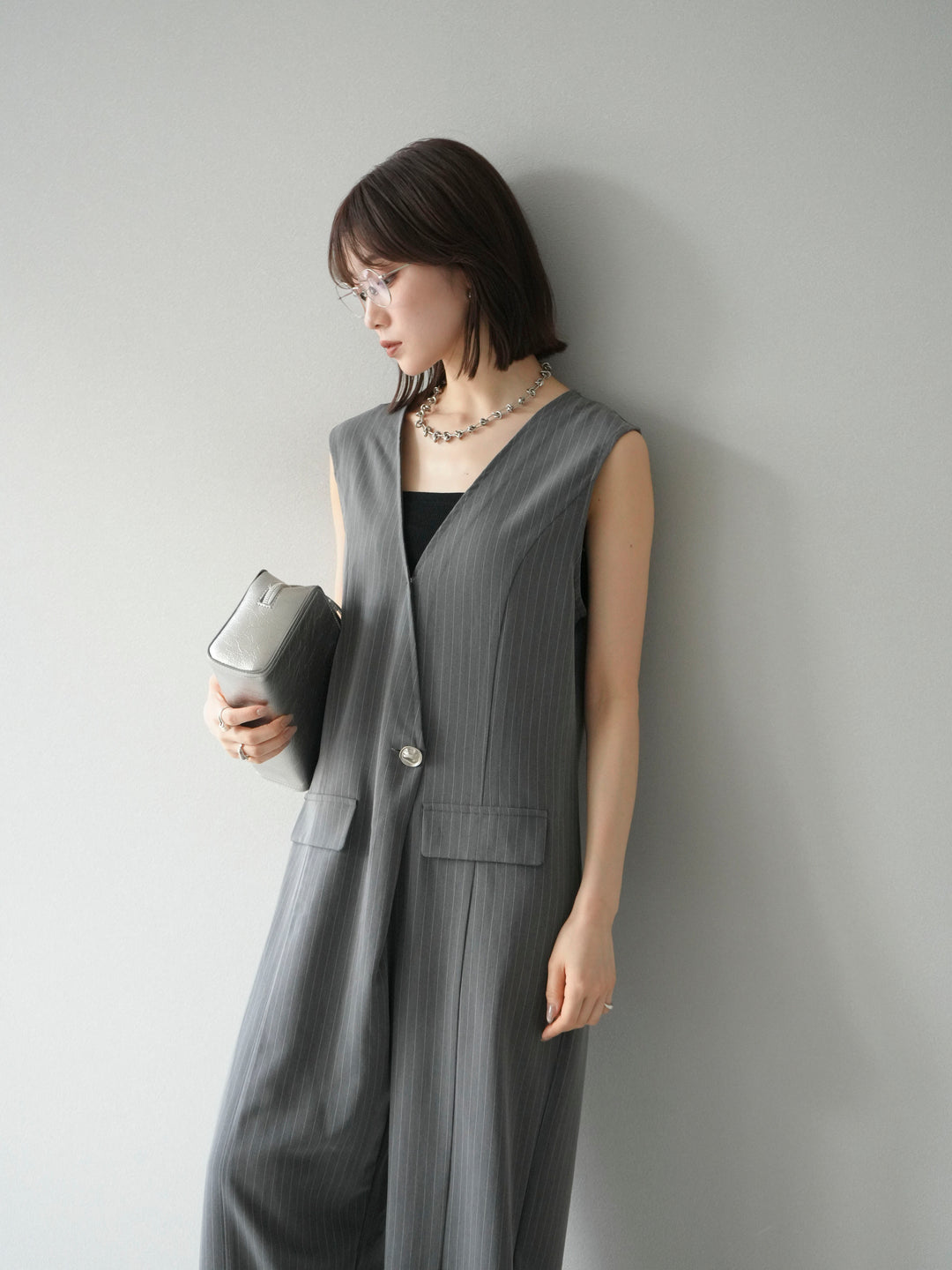 [予約]ストライプラップデザインオールインワン/グレー
