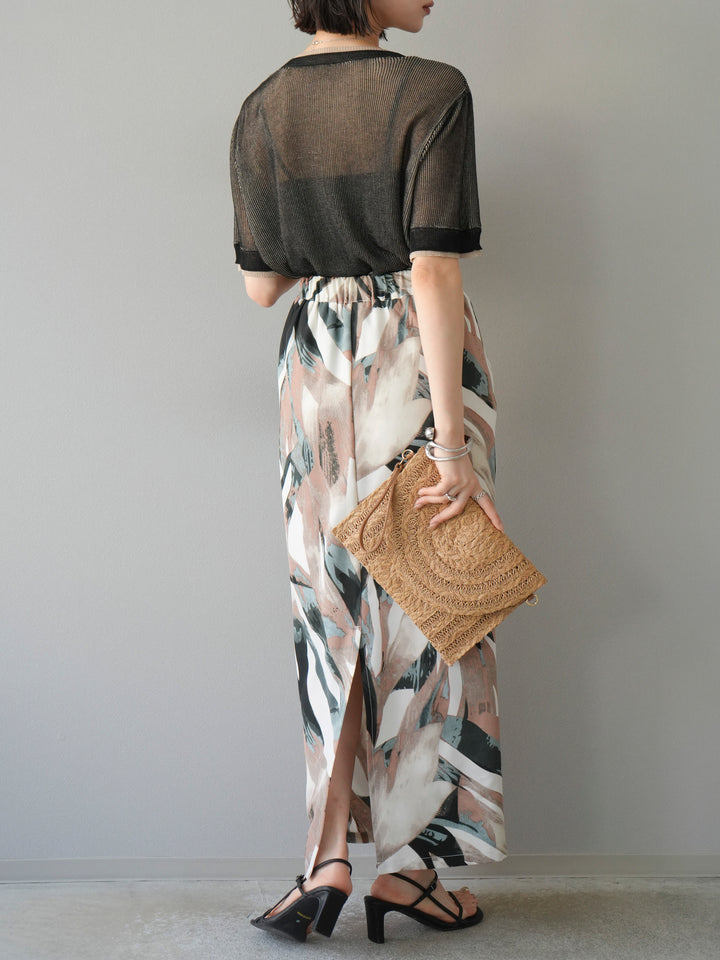 [SET]リネンタッチ配色二重臼ハーフニットトップス+選べるアソート柄スカートセット(2set)