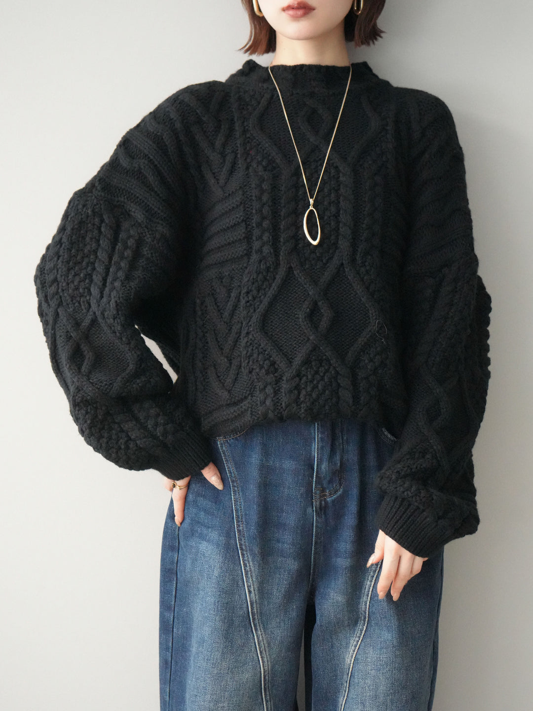 [SET]ケーブル編みモックネックニットプルオーバー+選べるアクセセット(2set)