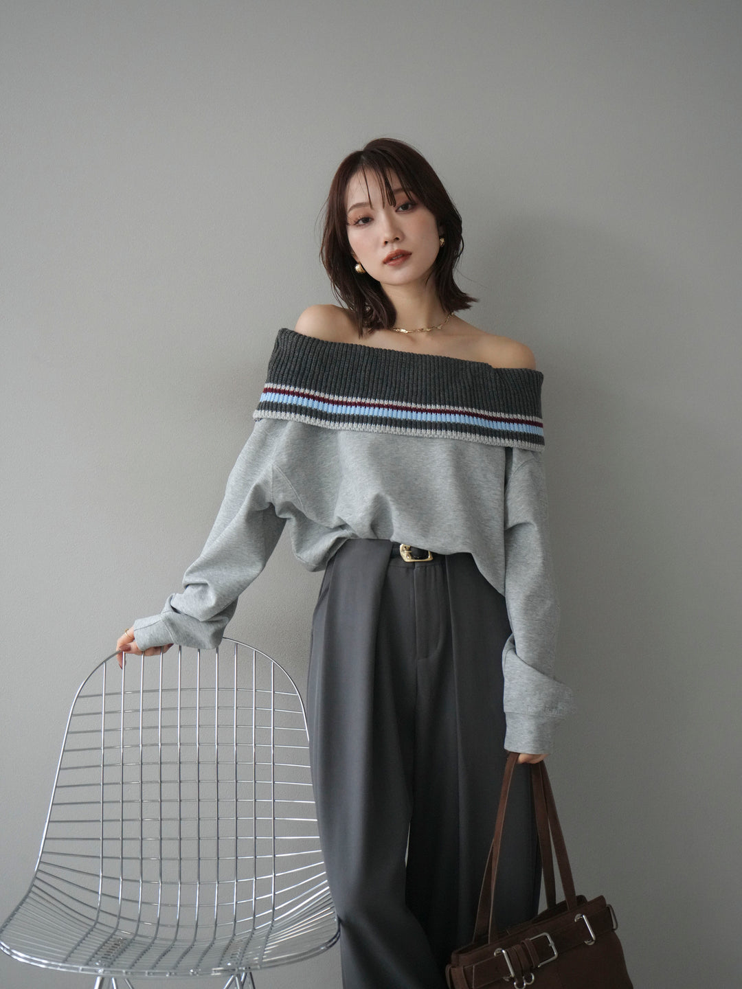 [予約]ボーダーニットオフショルダーxスウェットプルオーバー/gray