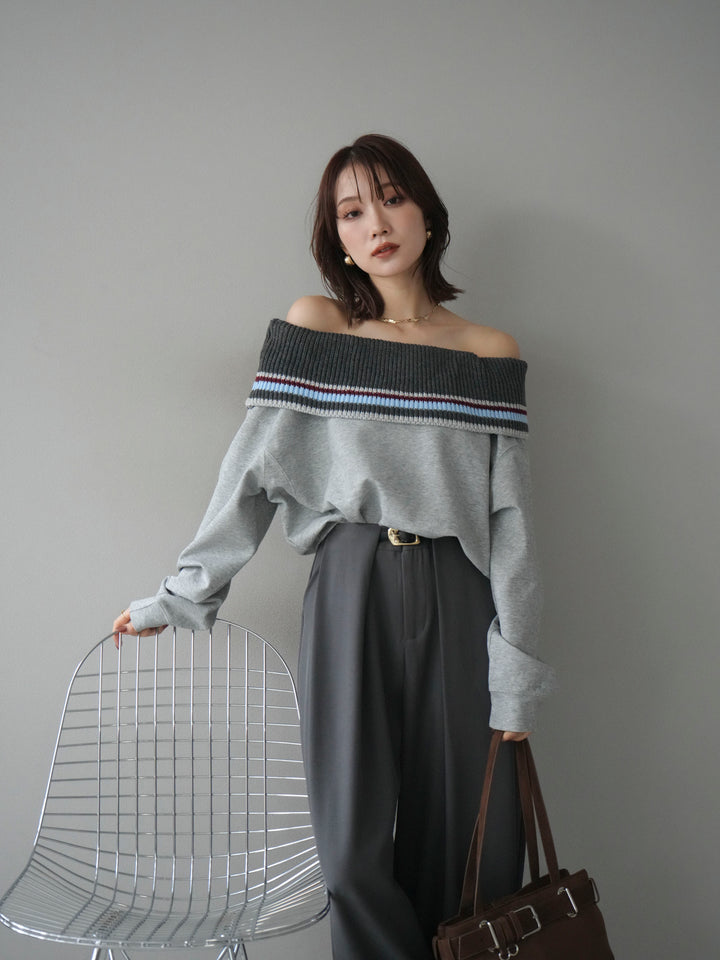 [予約]ボーダーニットオフショルダーxスウェットプルオーバー/gray