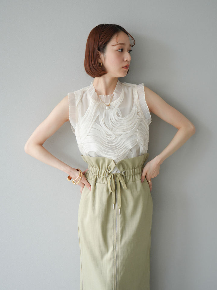 [SET]チュールジャガードノースリブラウス+ヘザーエステルギャザージップスカート(2set)