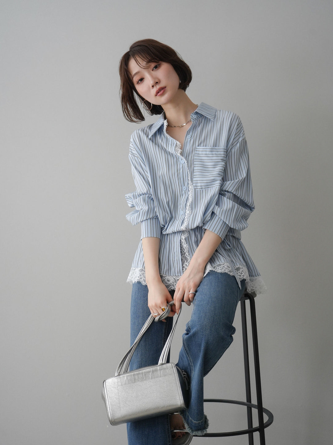 [SET]レース付ストライプウエストギャザーシャツ+フリンジデザインセミフレアデニム(2set)