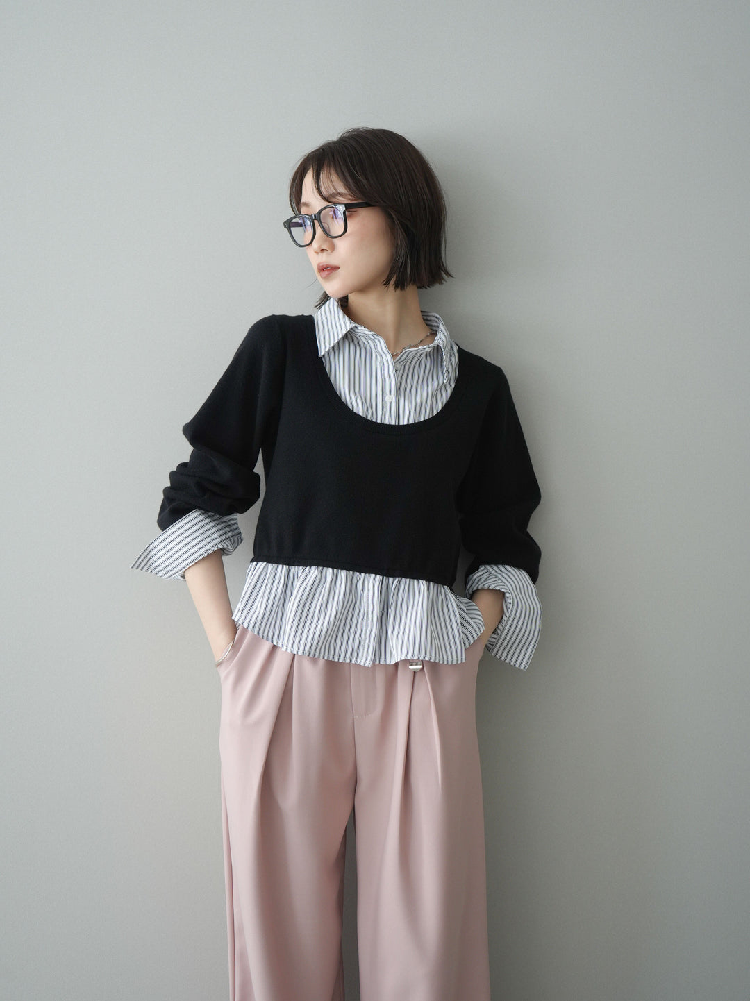 [予約]ストライプシャツUネックドッキングニットプルオーバー/blackoffstripe