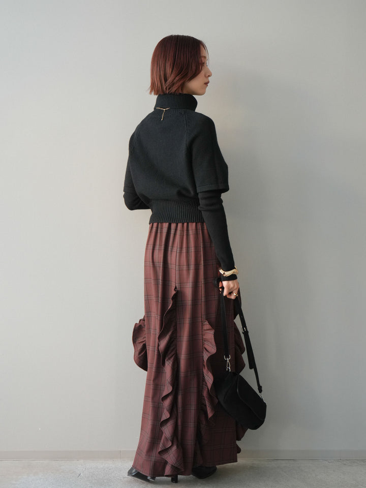 [予約]チェック柄フリルハイウエストマキシスカート/darkbrown