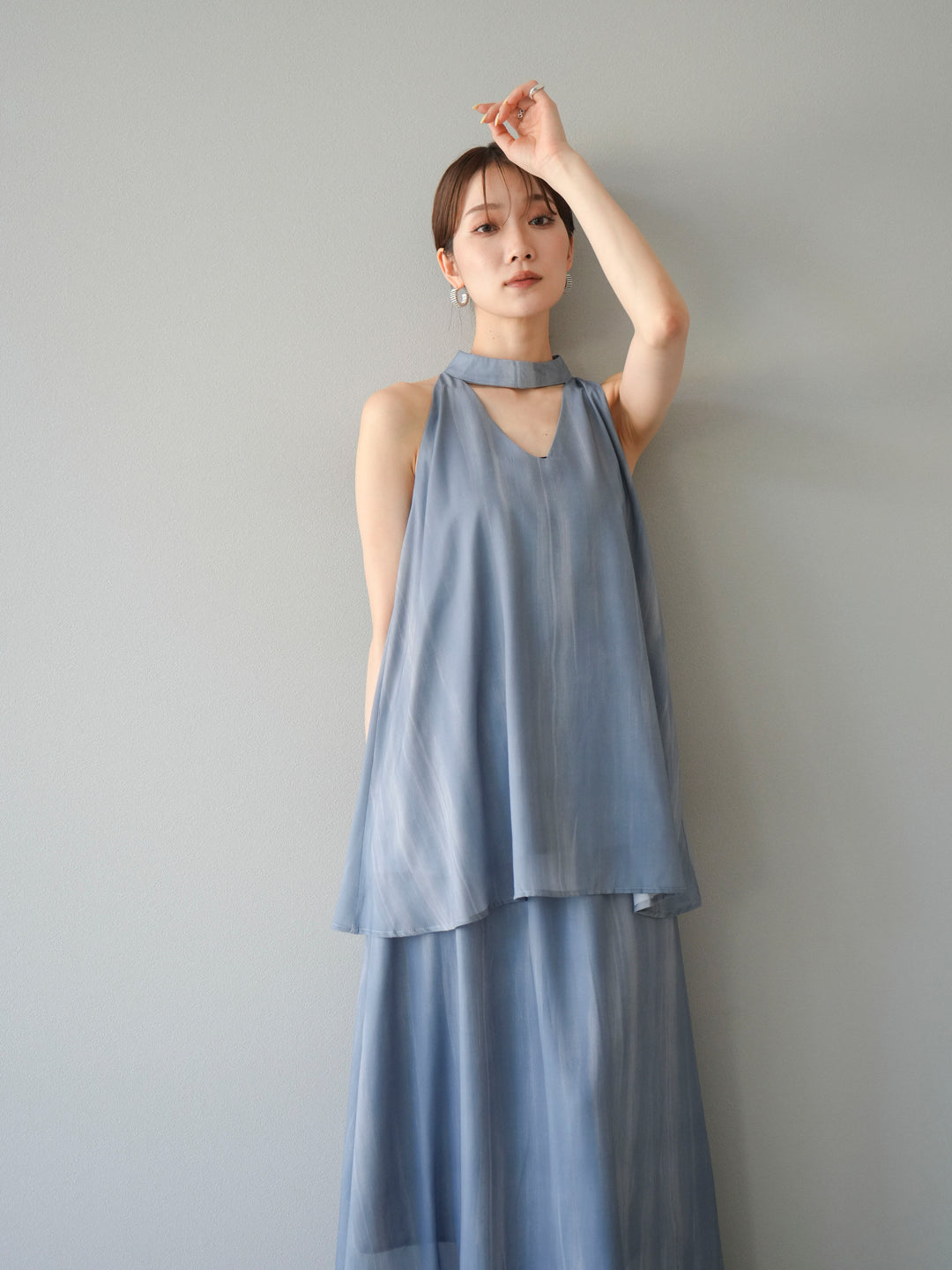 [SET] 細膩花紋V領襯衫＆喇叭裙（2套）