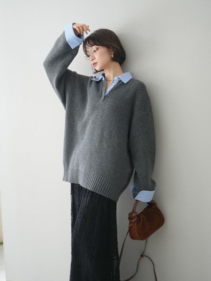 [予約]シャツドッキングオーバーニットプルオーバー/charcoalsax