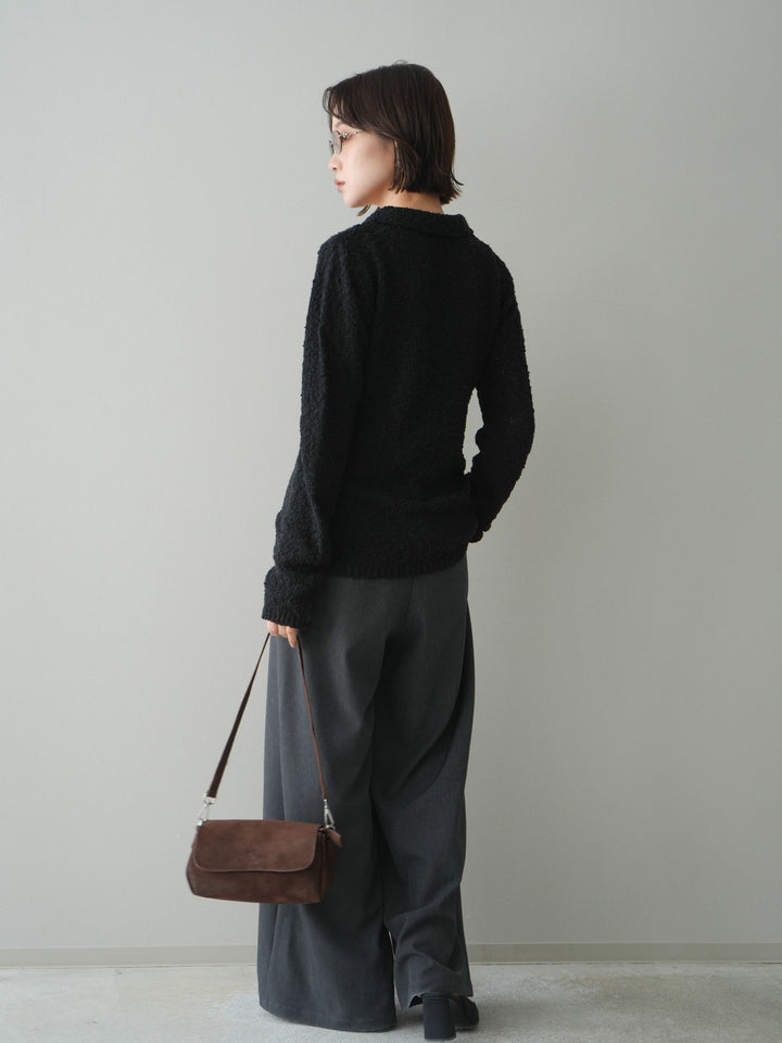 [SET]透かし編みブークレポロニットトップス+サテンベルトタックワイドパンツ(2set)