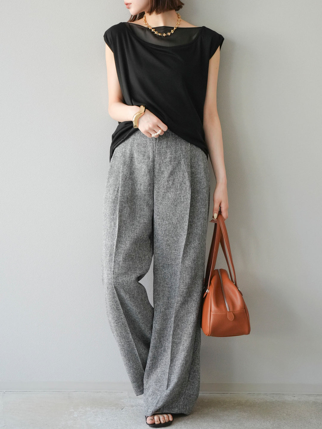 [預購] 混合粗花呢褶襉褲/黑色