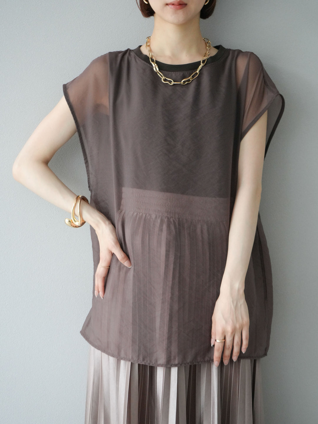 [予約]シアーレイヤードトップス/ダークブラウン
