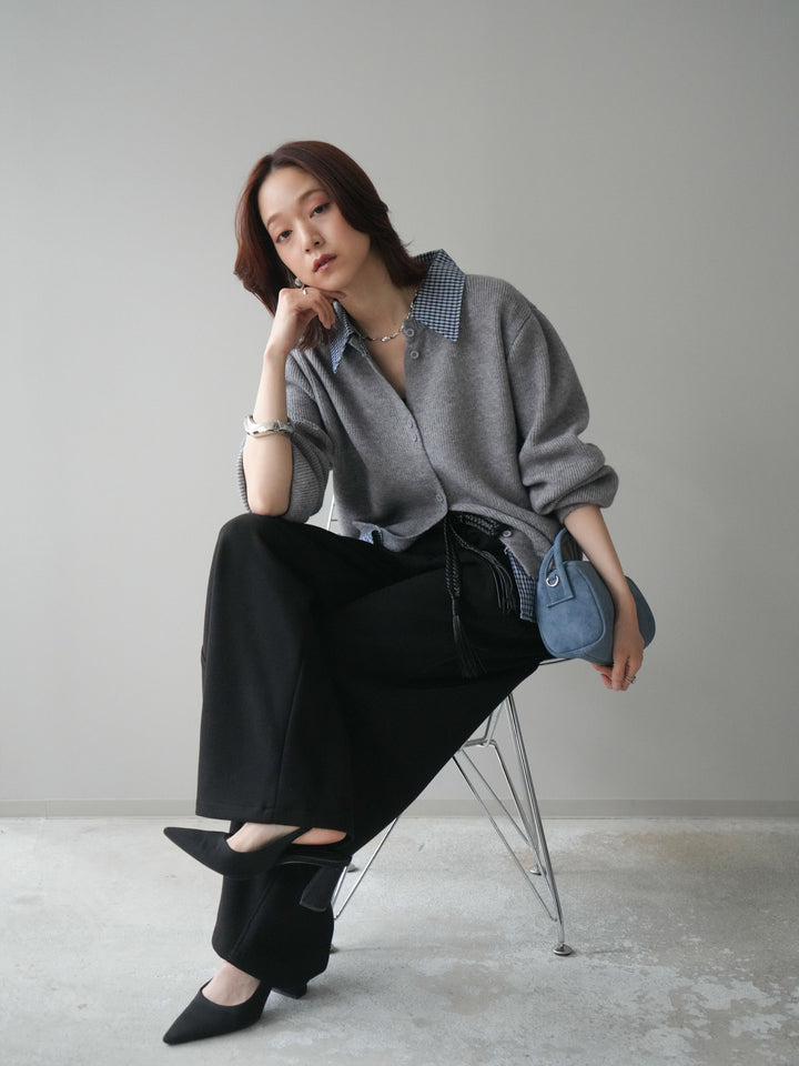 [SET]チェックシャツ襟ニットカーディガン+編み込みベルト付きウエスト配色スエットパンツ(2set)