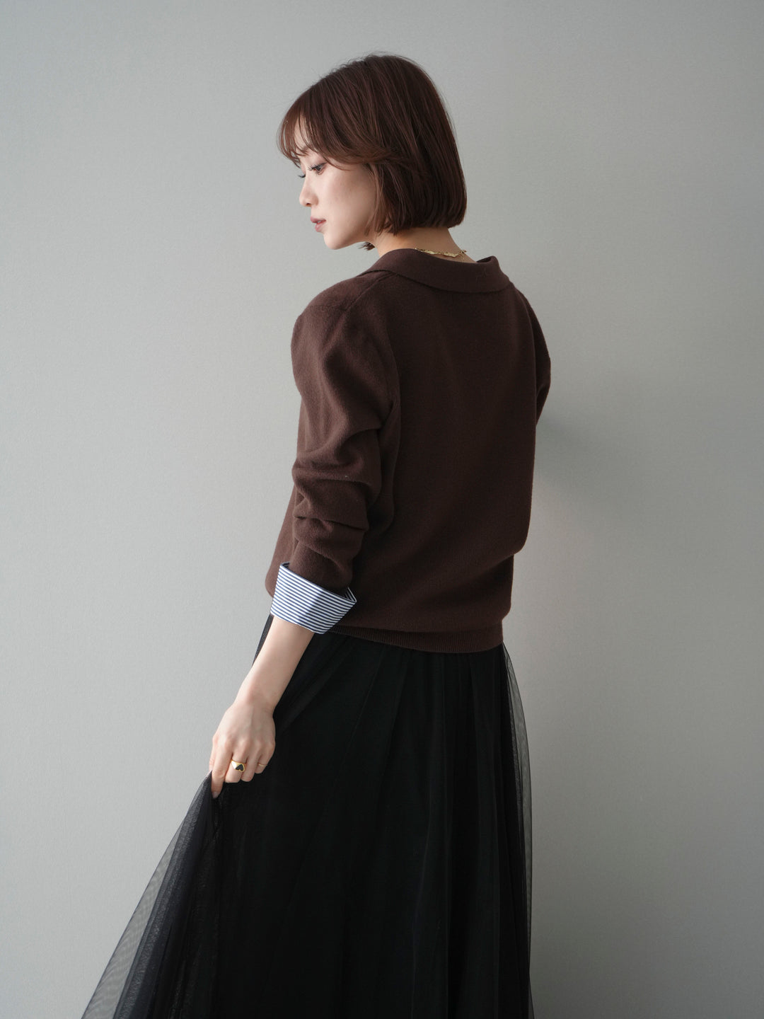 [予約]シャツレイヤードスキッパーニットプルオーバー/brown