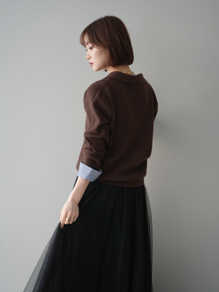 [予約]シャツレイヤードスキッパーニットプルオーバー/brown