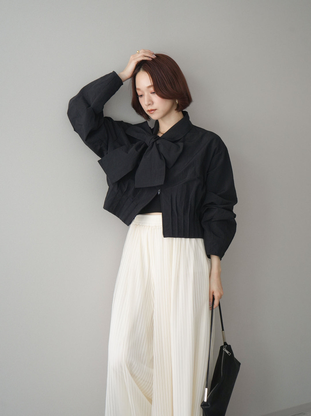 [SET]ボウタイ裾プリーツライトジャケット+ストライプチュールボリュームバギーパンツ(2set)