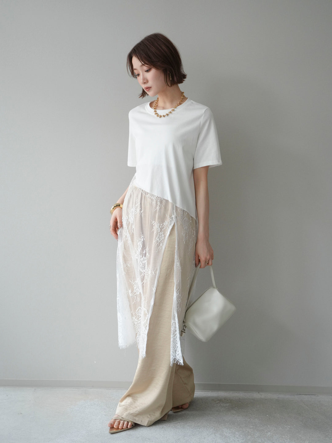 [SET]レースドッキングレイヤードワンピースTEE+とろみサテンイージーパンツ(2set)