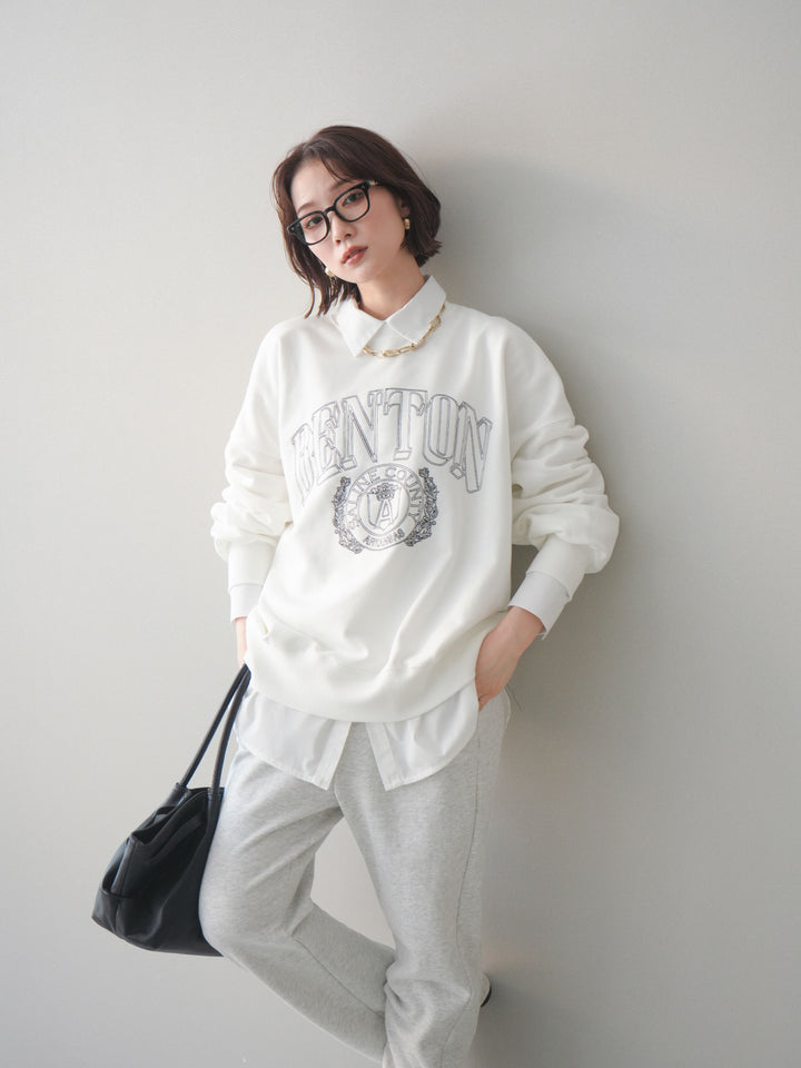 [SET]カレッジロゴ刺繍BIGスウェットプルオーバー+ボウタイ付オーバーシャツ(2set)