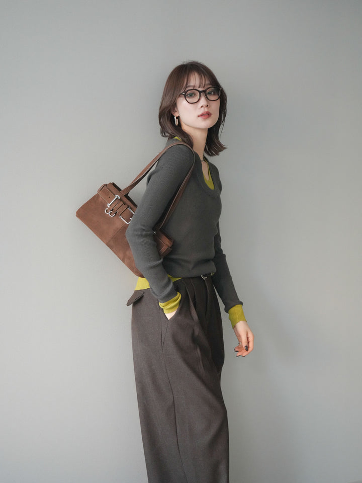 [予約]Uネック配色レイヤードリブニットトップス/gray