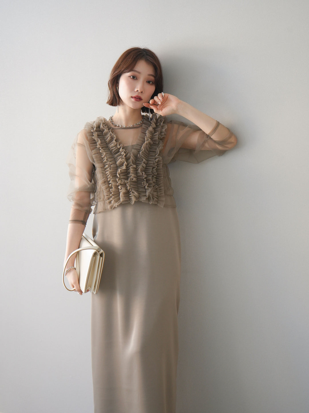 [予約]チュールフリルアンサンブルキャミソールドレス 3点SET/beige