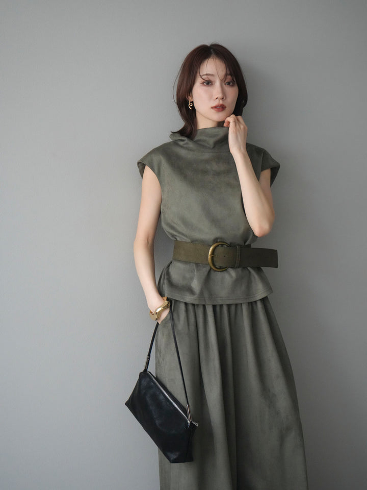 [SET]ベルト付スエードハイネックプルオーバー＆ワイドパンツSET UP