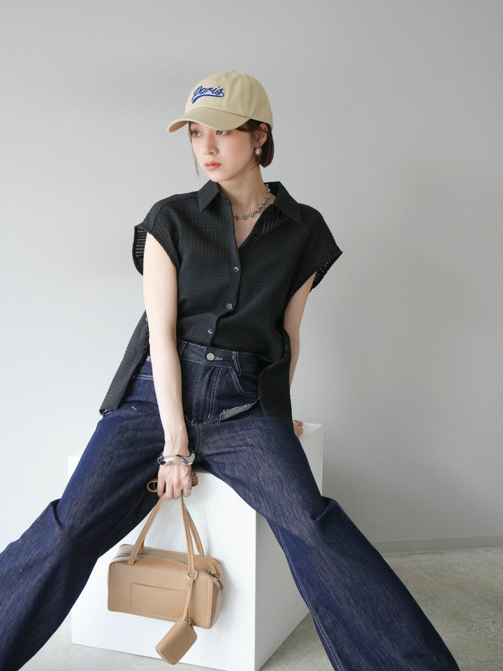 [SET] 透視格紋無袖襯衫 + 臀部設計牛仔褲（2 套）