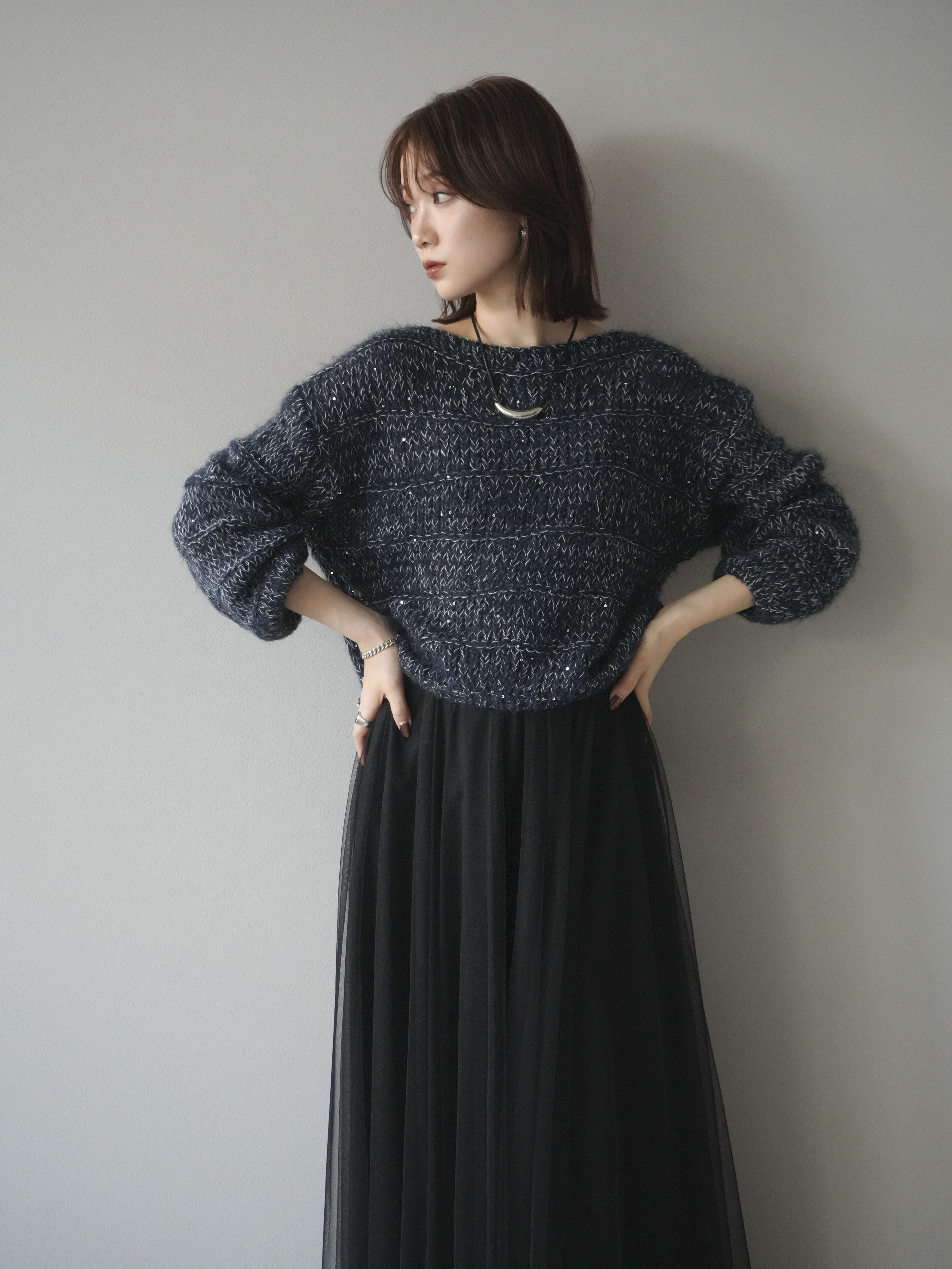 美品★ブルネロクチネリ　サマーニット　黒　スパンコール 予約]ミックスヤーンスパンコールニットプルオーバー/navy – Lumier