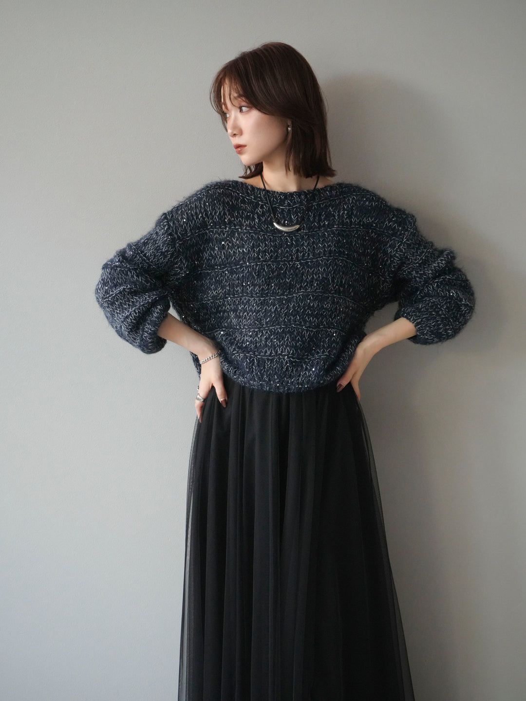 [予約]ミックスヤーンスパンコールニットプルオーバー/navy
