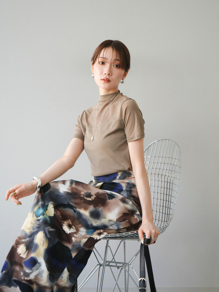 [SET] 透視半袖上衣 + 水彩印花褶襉I字裙 (2set)