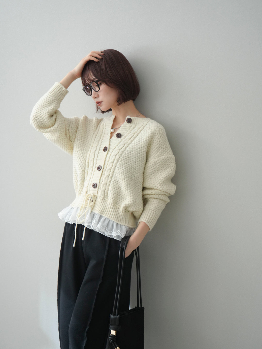 [SET]裾レースケーブルニットカーディガン+2WAYデザインスウェットパンツ(2set)