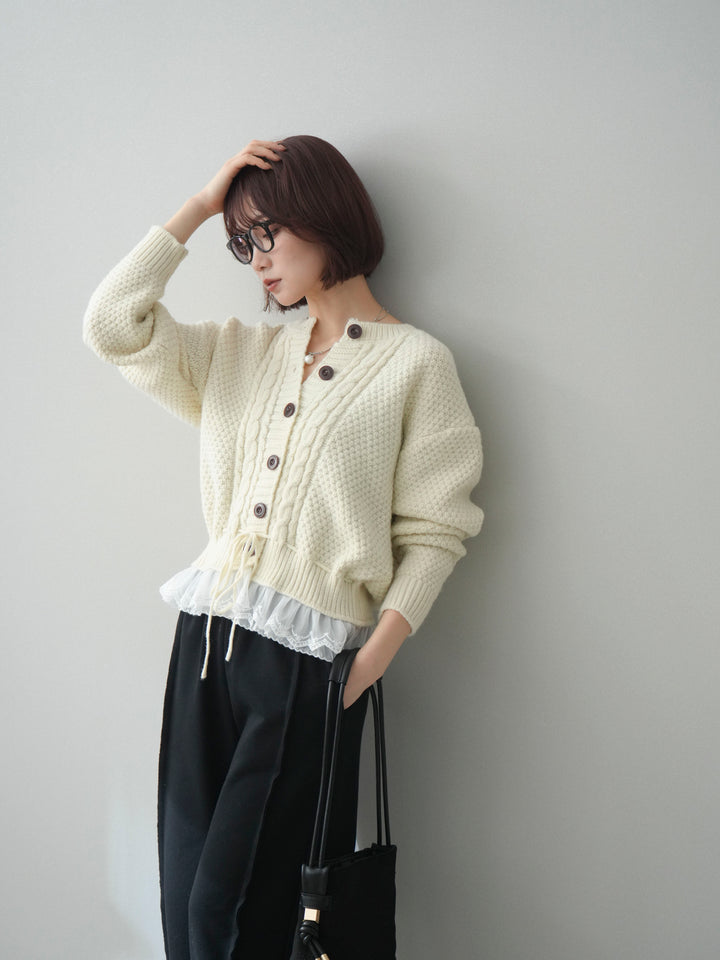 [SET]裾レースケーブルニットカーディガン+2WAYデザインスウェットパンツ(2set)